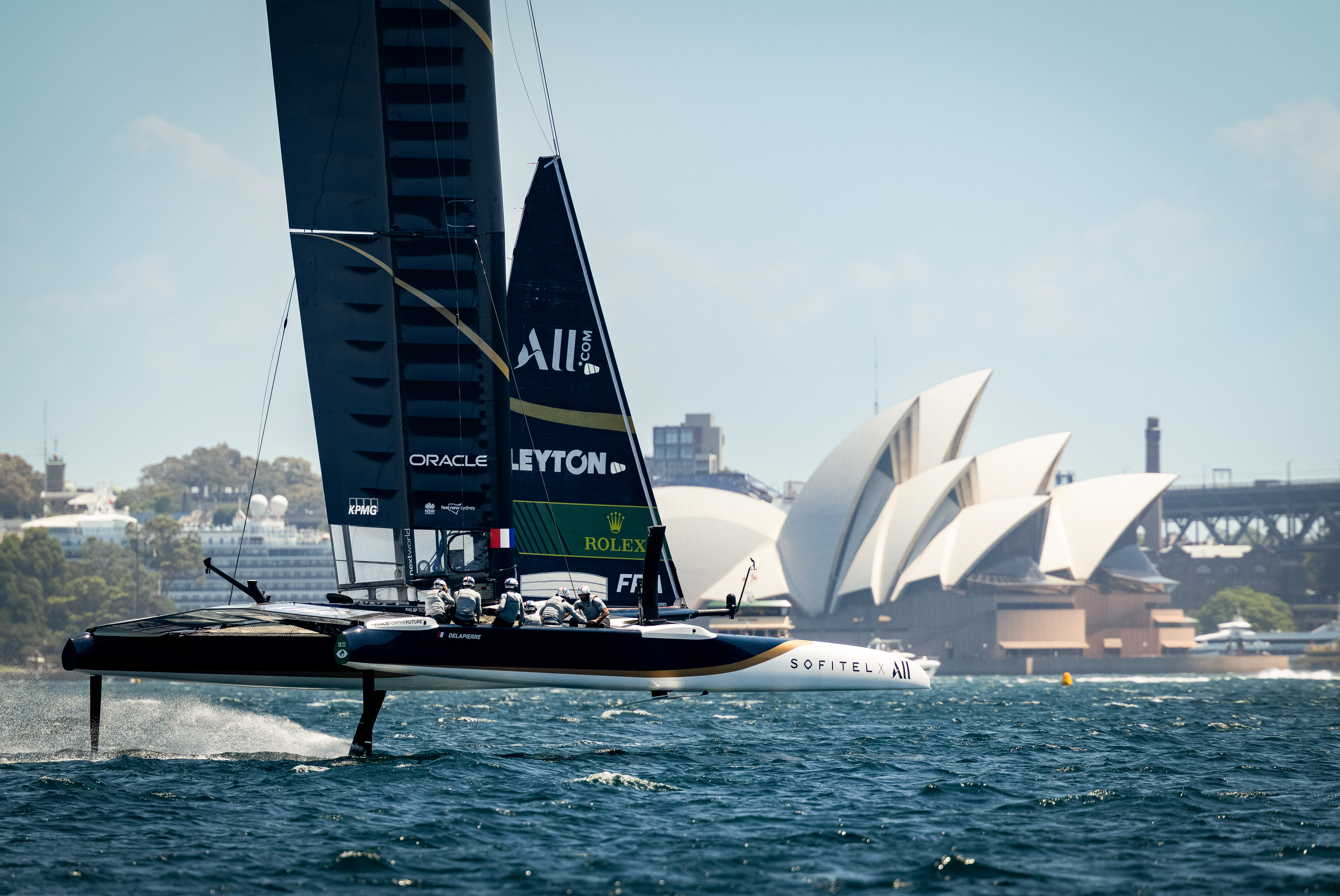 France SailGP Team helmed by Quentin Delapierre in action in front of the Sydney Opera House ahead of the KPMG Australia Sail Grand Prix in Sydney, Australia. Friday 7 February 2025. Rolex SailGP Championship Event 3 Season 2025. Photo: Felix Diemer for SailGP for SailGP. Handout image supplied by SailGP